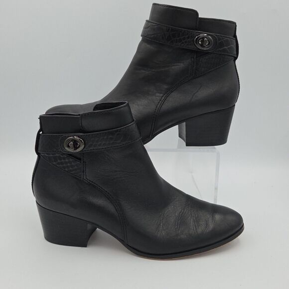 Coach Patricia Black Leather Ankle Booties Block Heel Side Zip Size 6.5B A00235 - Picture 1 of 10
